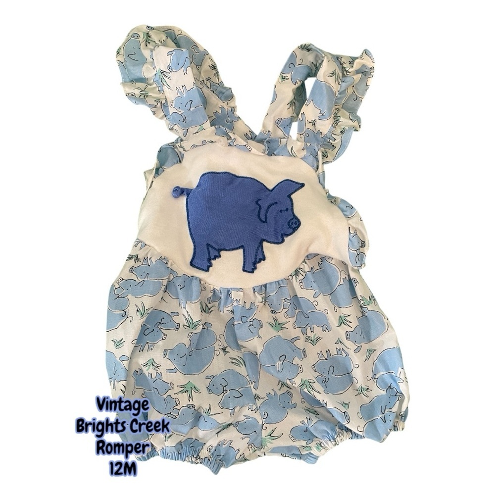 Vintage Brights Creek Blue Pig Print Retro Baby Farm Outfit Romper- Size 12M 🐷 💙